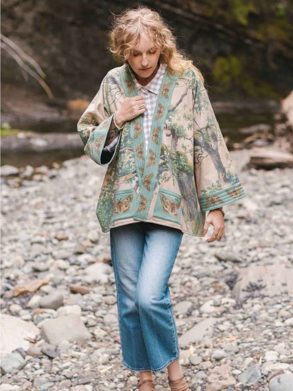 Market Of Stars Fleece Lined Cozy Cottage Cardigan Kimono Jacket - Earth & Sky